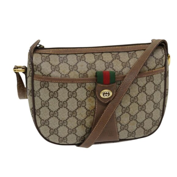 GUCCI GG Canvas Web Sherry Line Shoulder Bag PVC Beige Green Red Auth 86406 - Picture 1 of 16